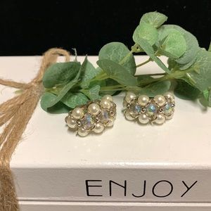 Vintage clip-on earrings! White pearl like stones! Cushion back Custom jewelry!